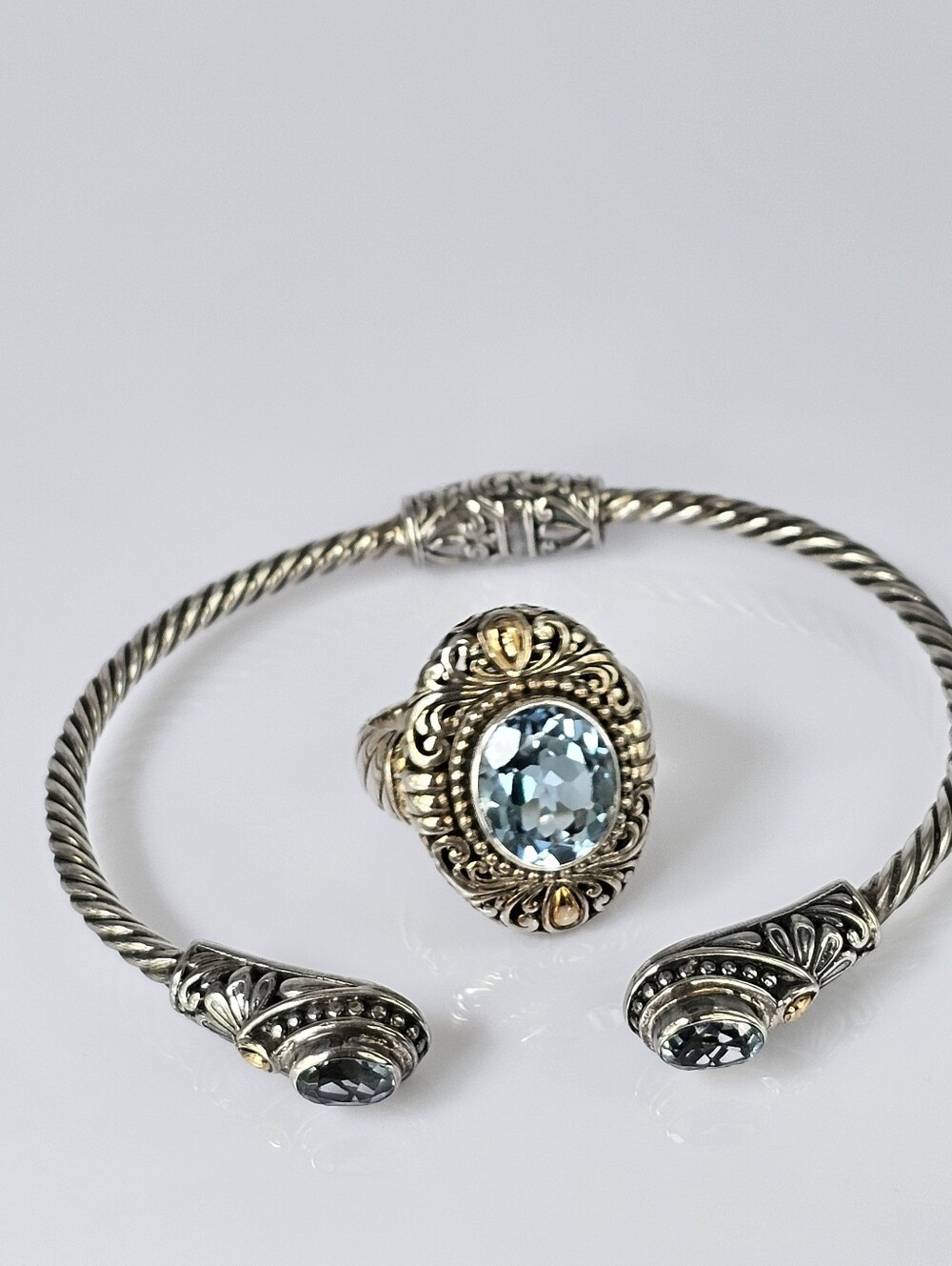 Set Natural Sky Blue Topaz Ring & Bracelet in 18K & Sterling Silver Sz 8! - Picture 2 of 16